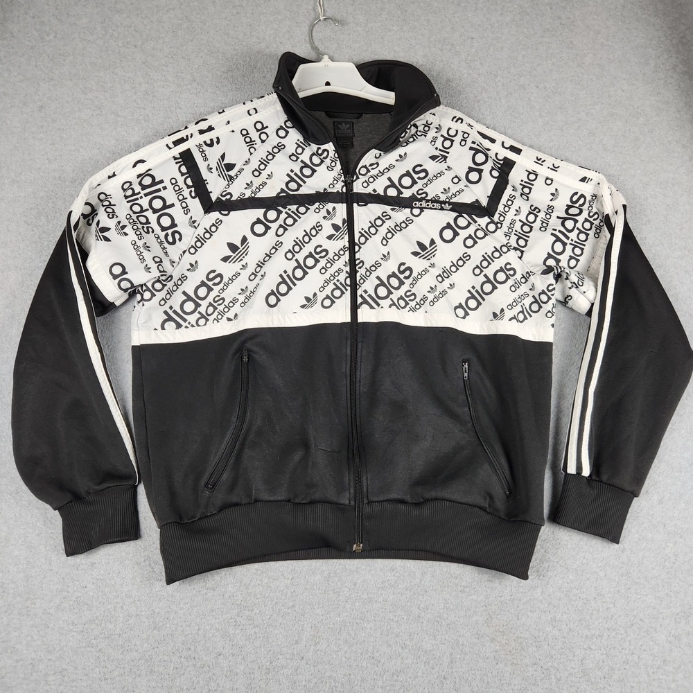 Adidas Track Jacket Mens XL Black White Logo Print Trefoil Full Zip Streetwear